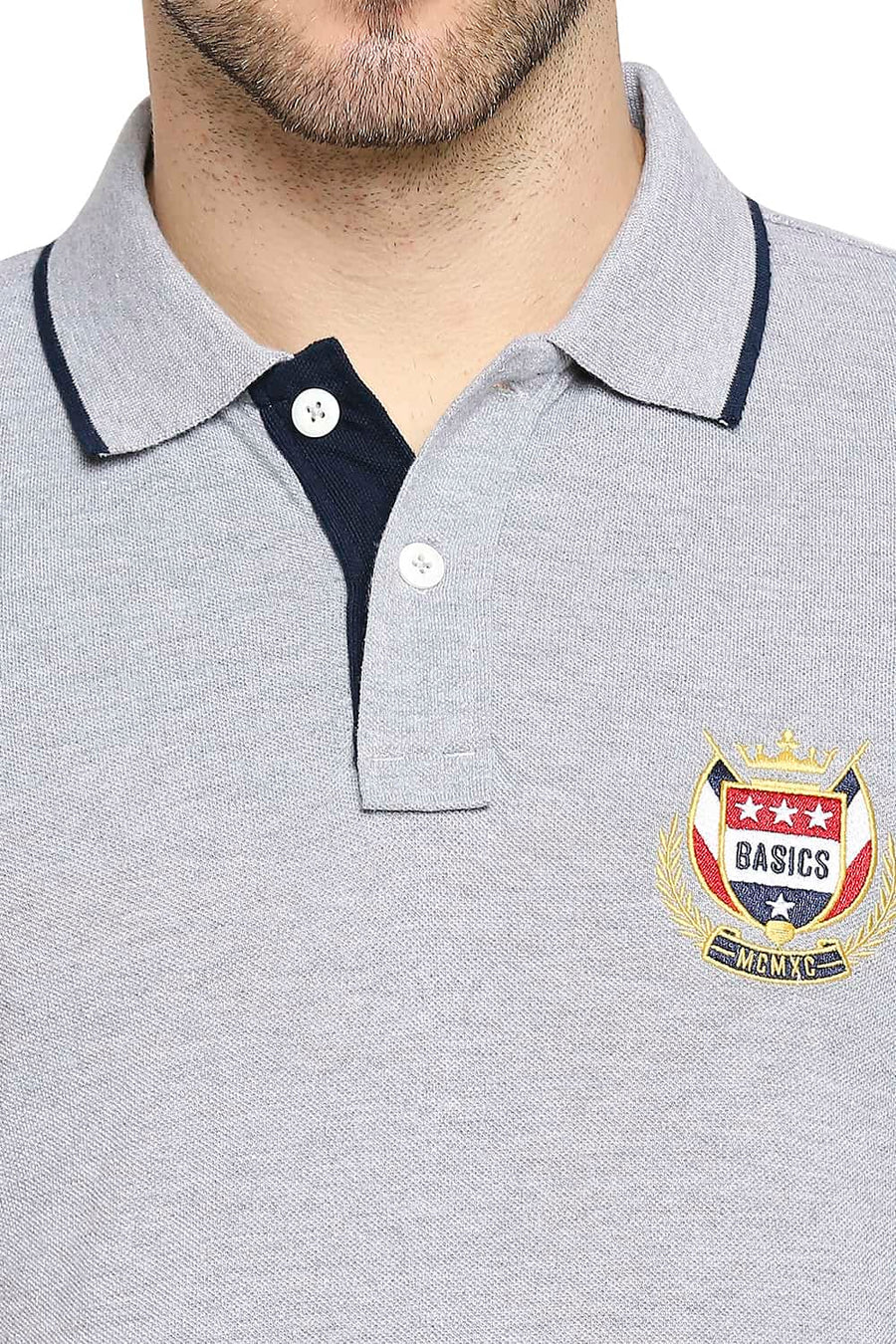 BASICS MUSCLE FIT GREY STEEL HEATHER POLO T-SHIRT