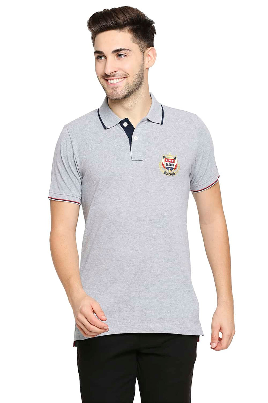 BASICS MUSCLE FIT GREY STEEL HEATHER POLO T-SHIRT