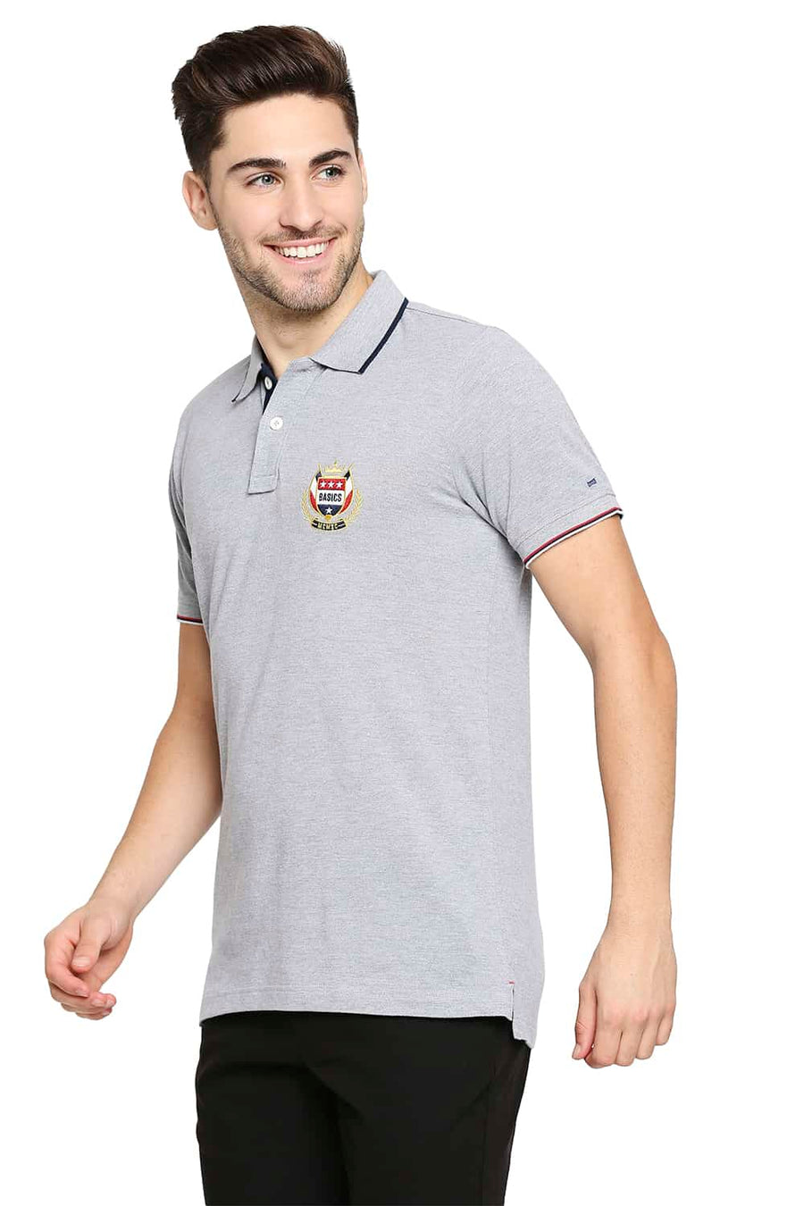 BASICS MUSCLE FIT GREY STEEL HEATHER POLO T-SHIRT