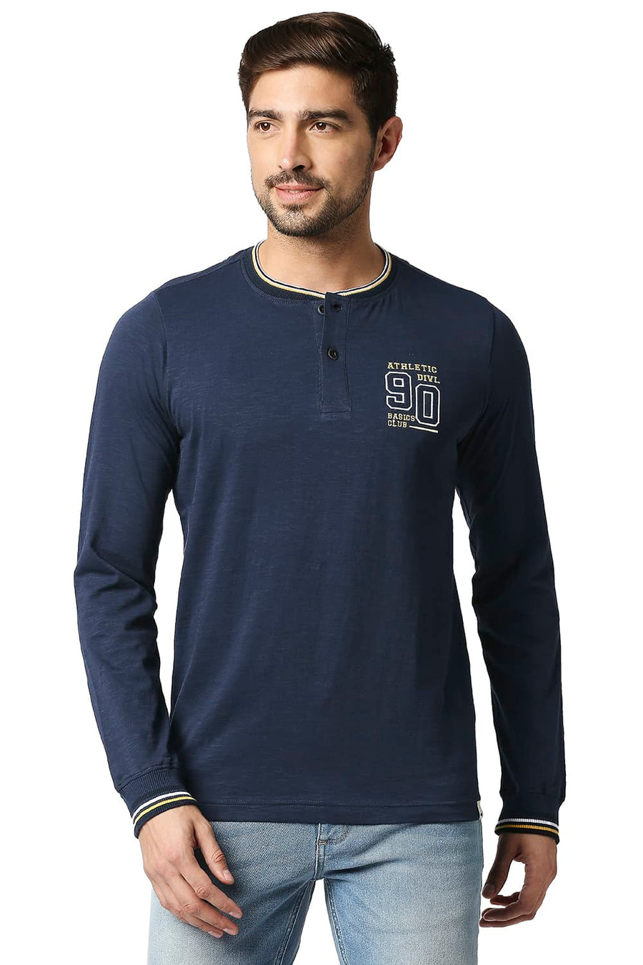 BASICS MUSCLE FIT DRESS BLUE HENLEY T-SHIRT