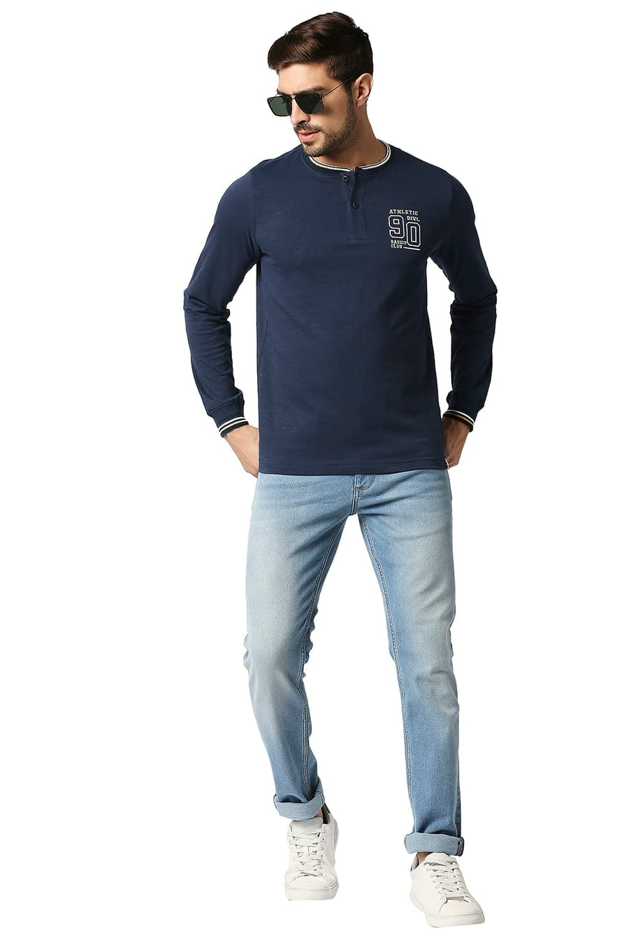 BASICS MUSCLE FIT DRESS BLUE HENLEY T-SHIRT