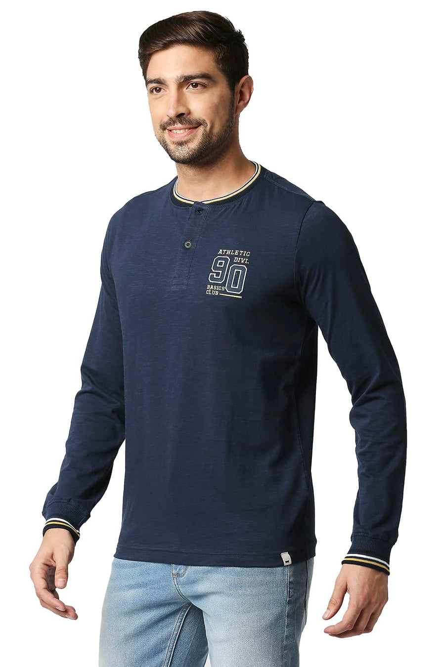BASICS MUSCLE FIT DRESS BLUE HENLEY T-SHIRT