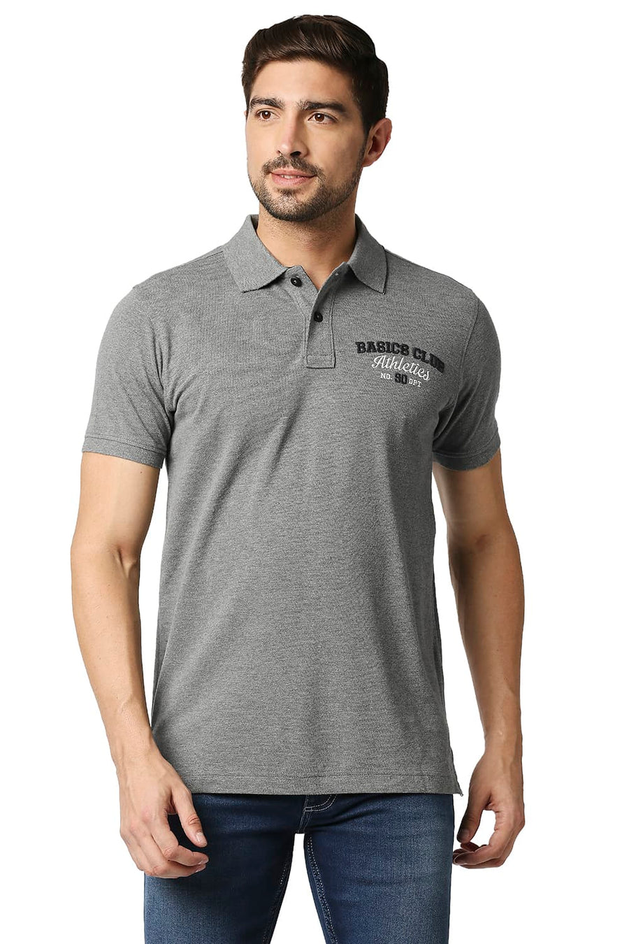BASICS MUSCLE FIT HEATHER GREY POLO T-SHIRT