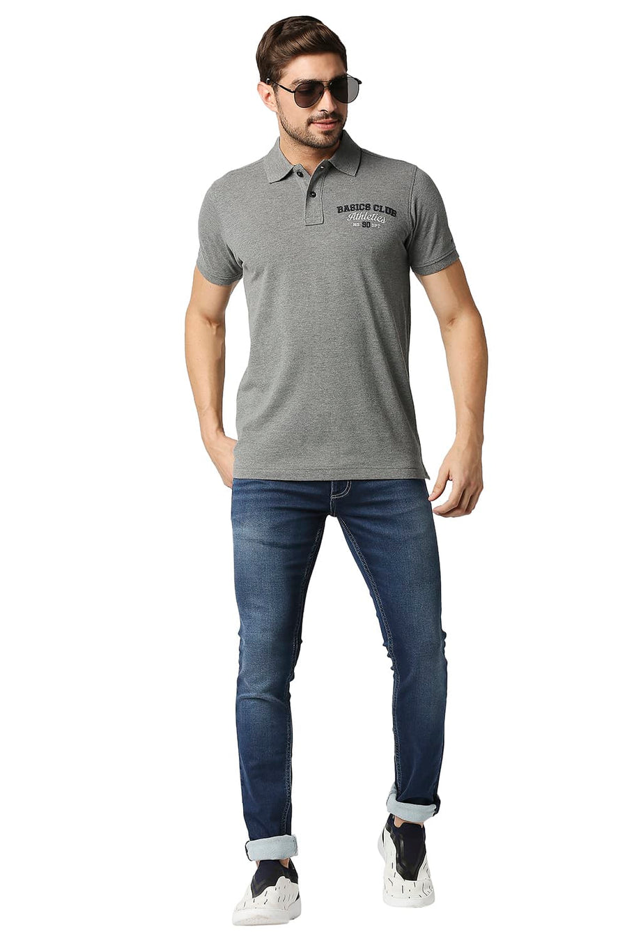 BASICS MUSCLE FIT HEATHER GREY POLO T-SHIRT