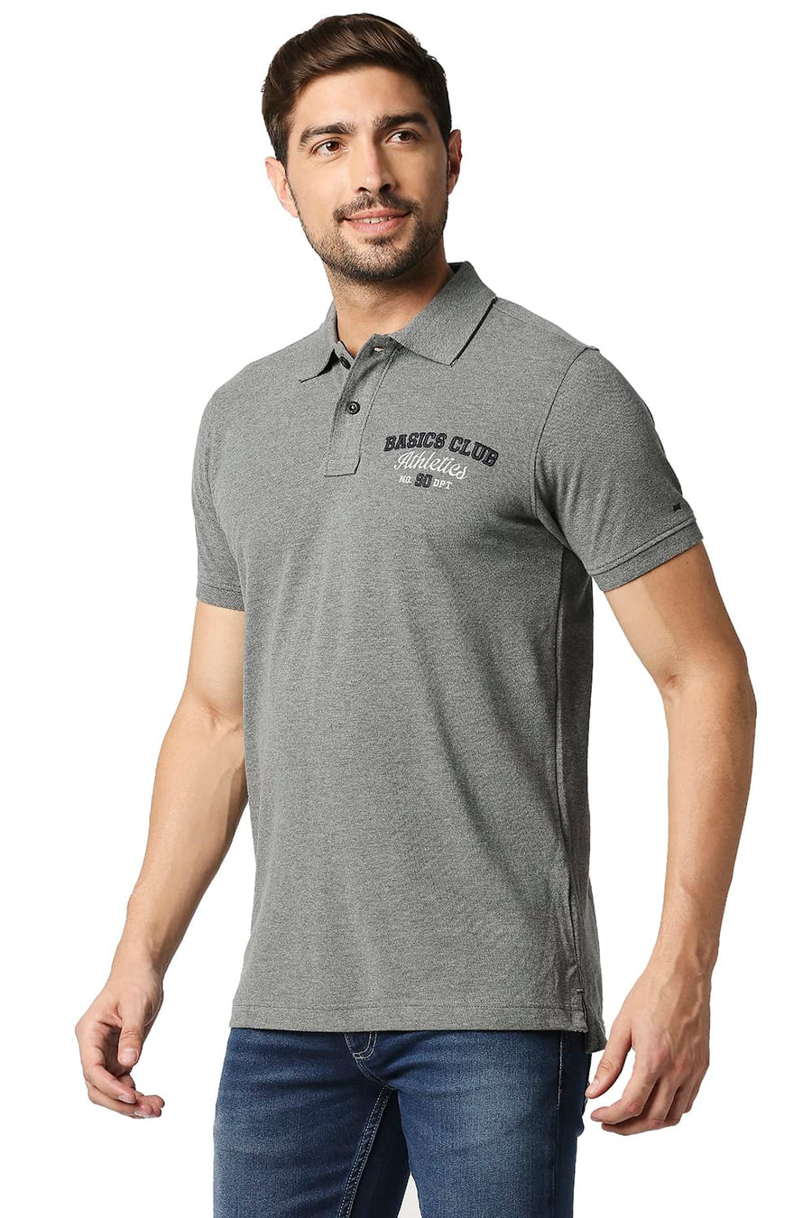 BASICS MUSCLE FIT HEATHER GREY POLO T-SHIRT
