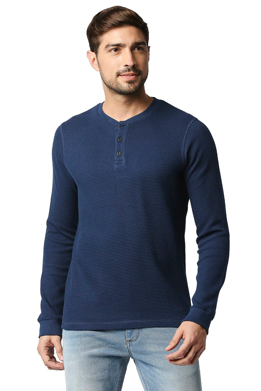 BASICS MUSCLE FIT PAGEANT BLUE HENLEY T-SHIRT