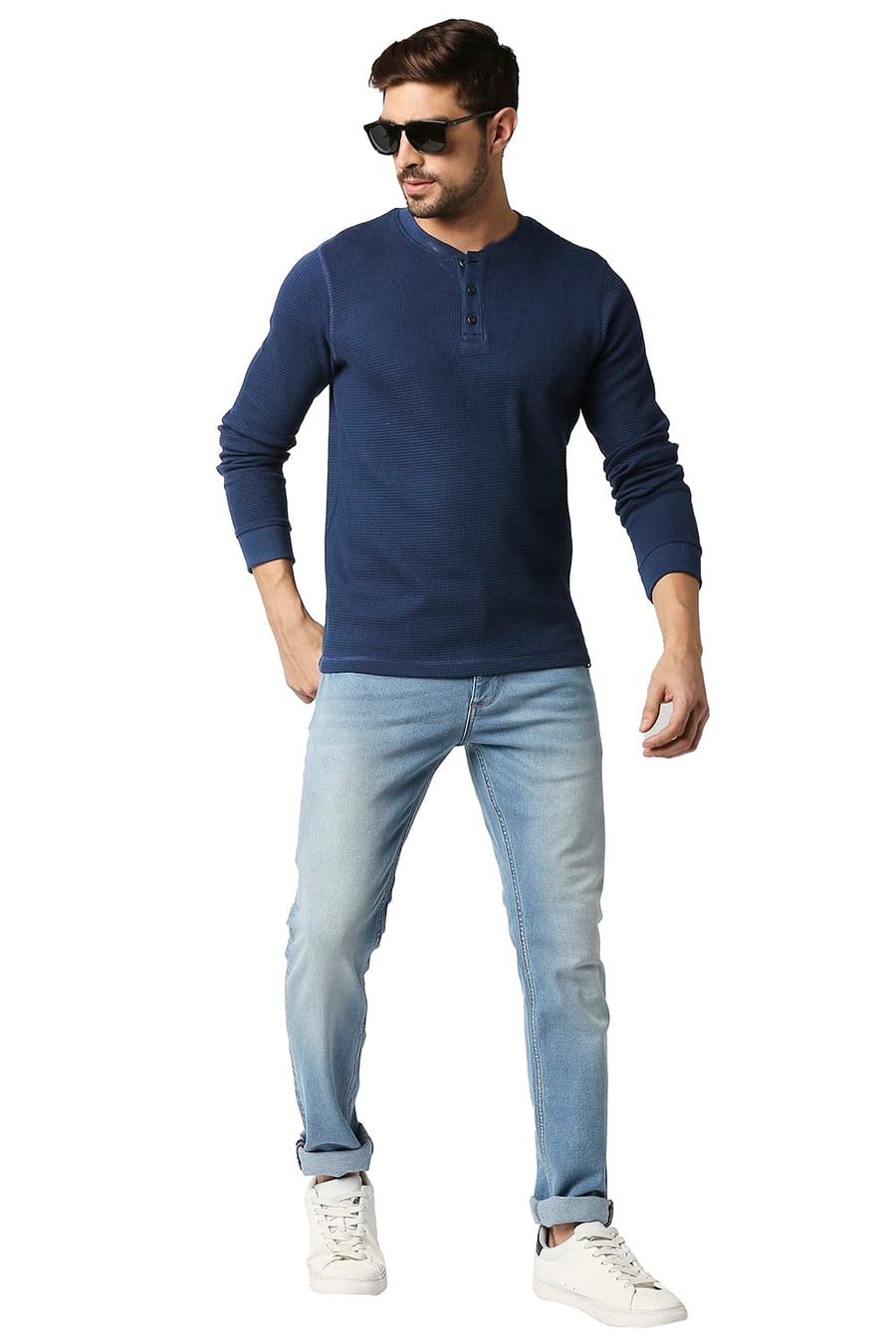BASICS MUSCLE FIT PAGEANT BLUE HENLEY T-SHIRT