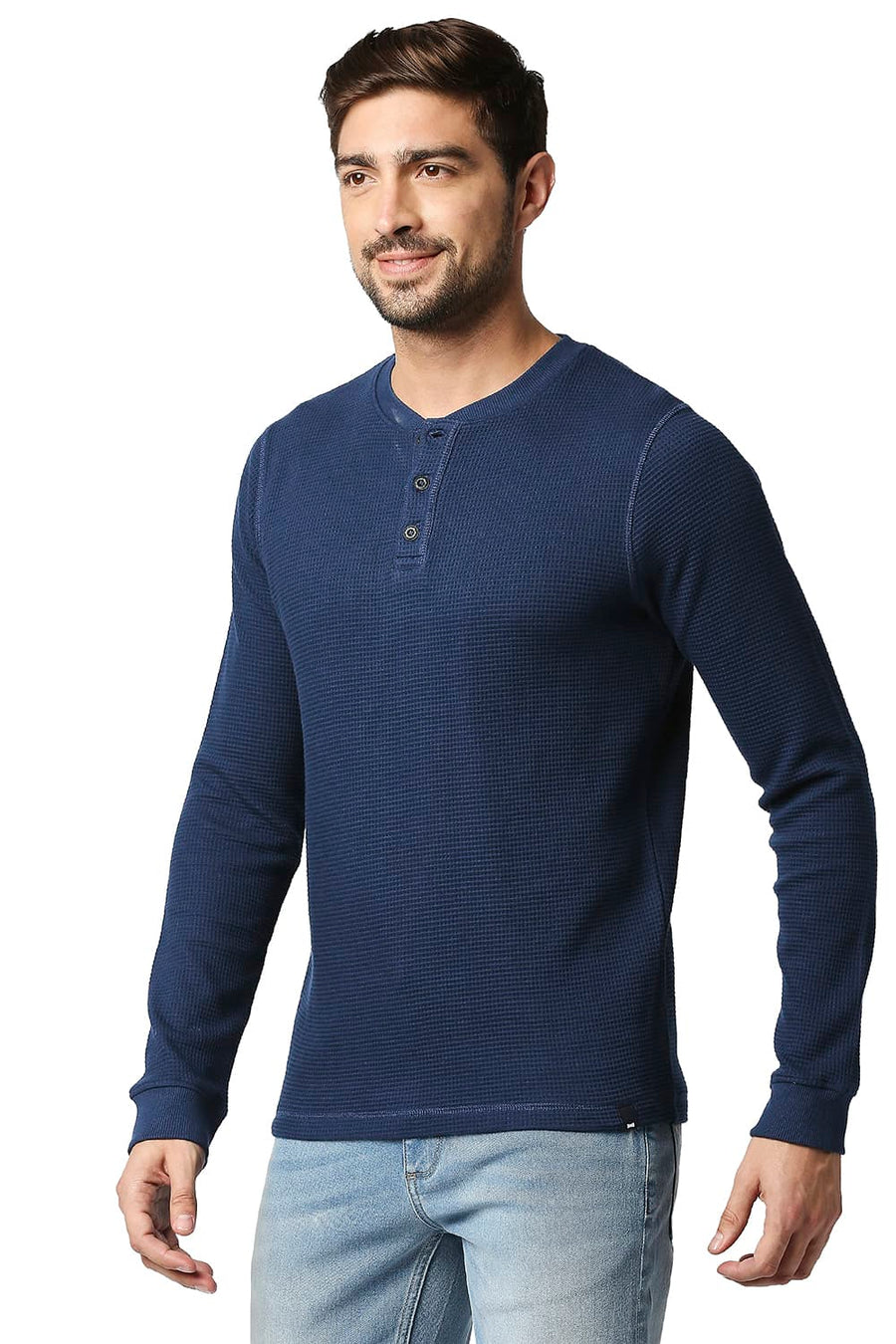 BASICS MUSCLE FIT PAGEANT BLUE HENLEY T-SHIRT
