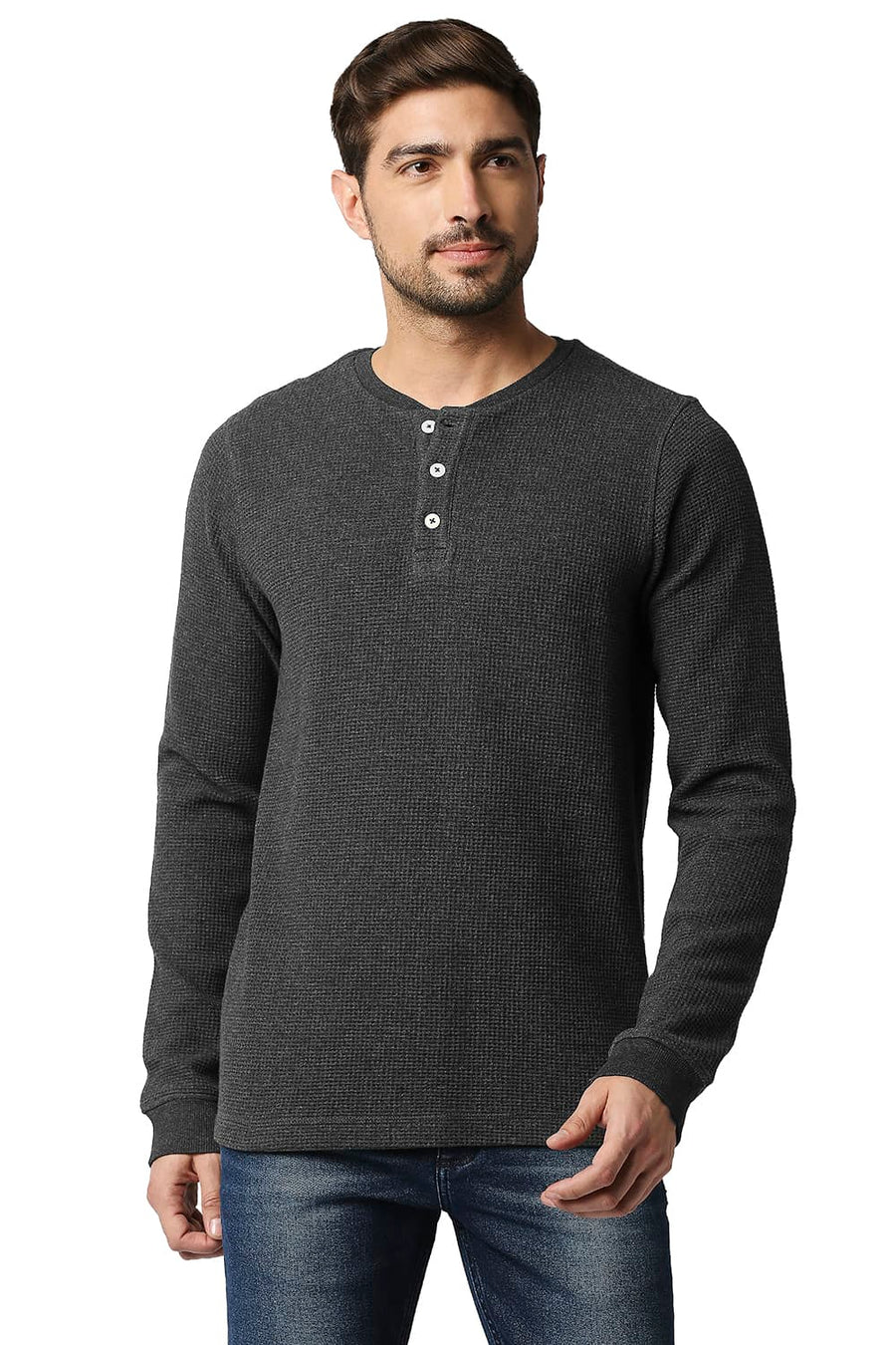 BASICS MUSCLE FIT CHARCOAL HEATHER HENLEY T-SHIRT