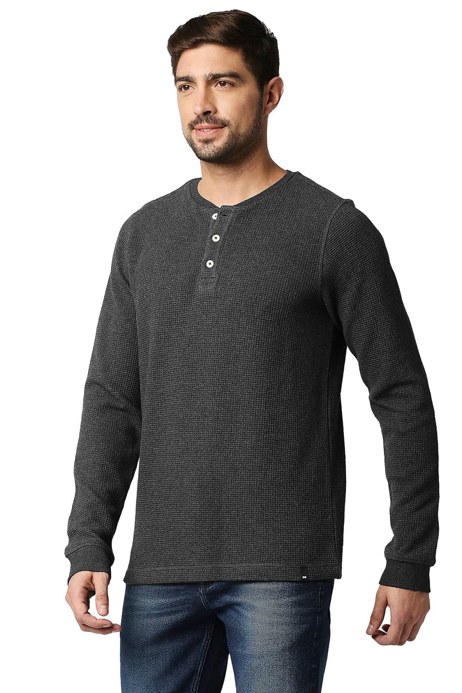 BASICS MUSCLE FIT CHARCOAL HEATHER HENLEY T-SHIRT