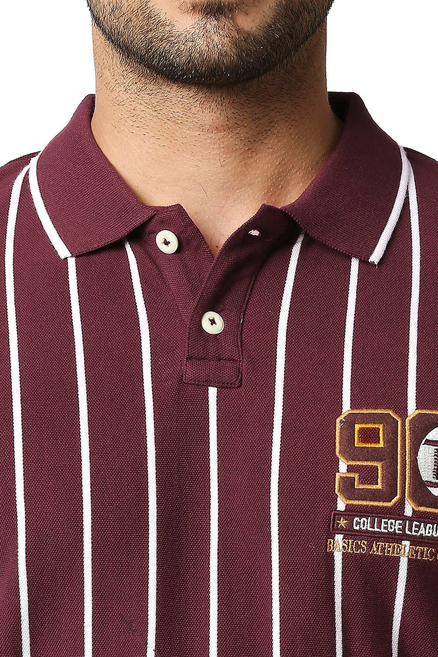 BASICS MUSCLE FIT MAROON BANNER POLO STRIPE T-SHIRT