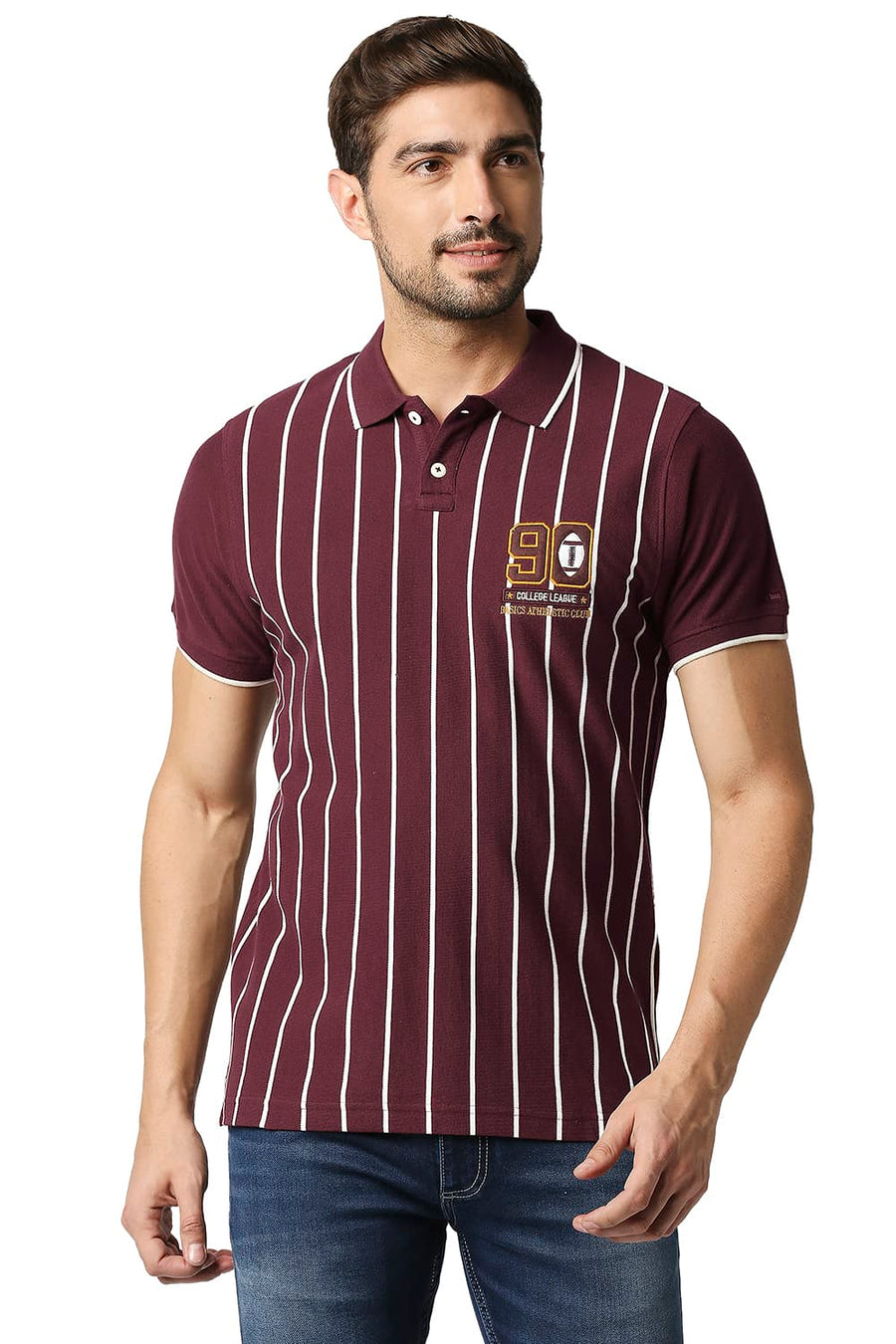 BASICS MUSCLE FIT MAROON BANNER POLO STRIPE T-SHIRT