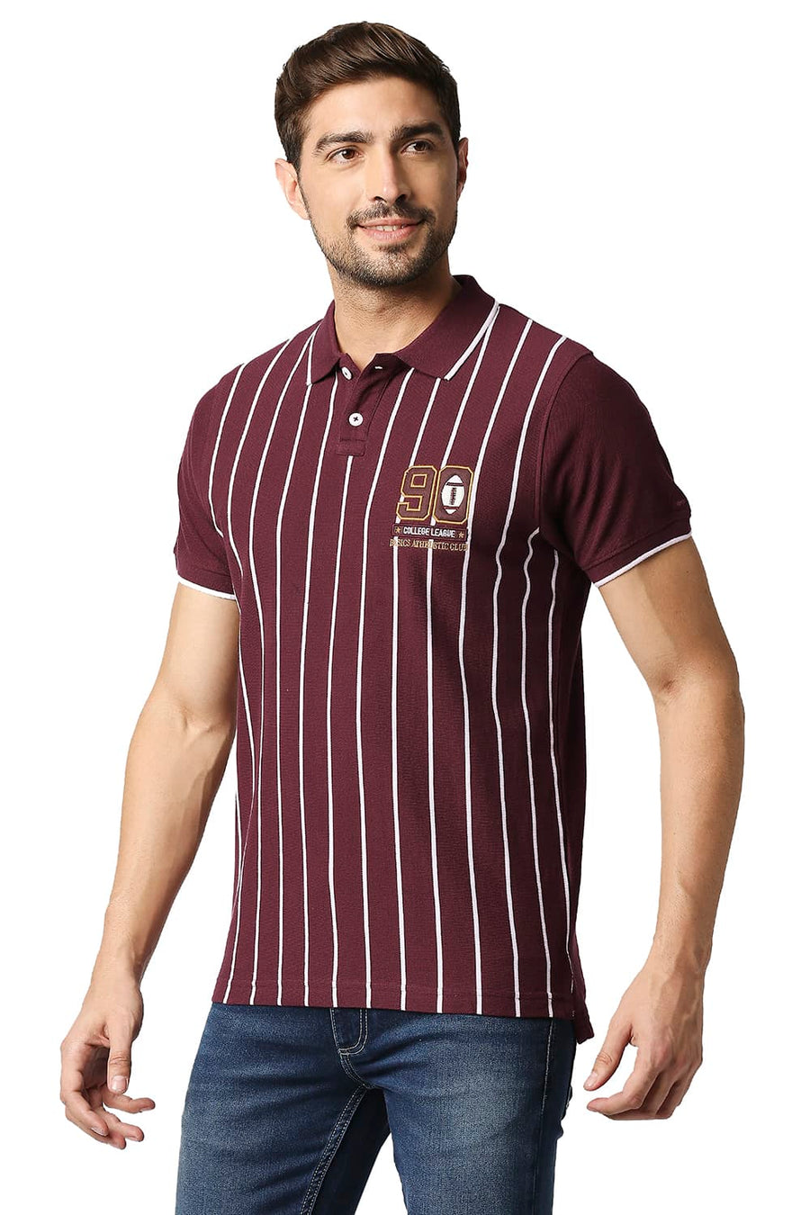 BASICS MUSCLE FIT MAROON BANNER POLO STRIPE T-SHIRT