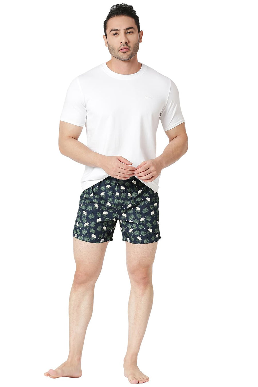 BASICS SLIM FIT SPELLBOUND NAVY COTTON PRINTED BOXER SHORTS