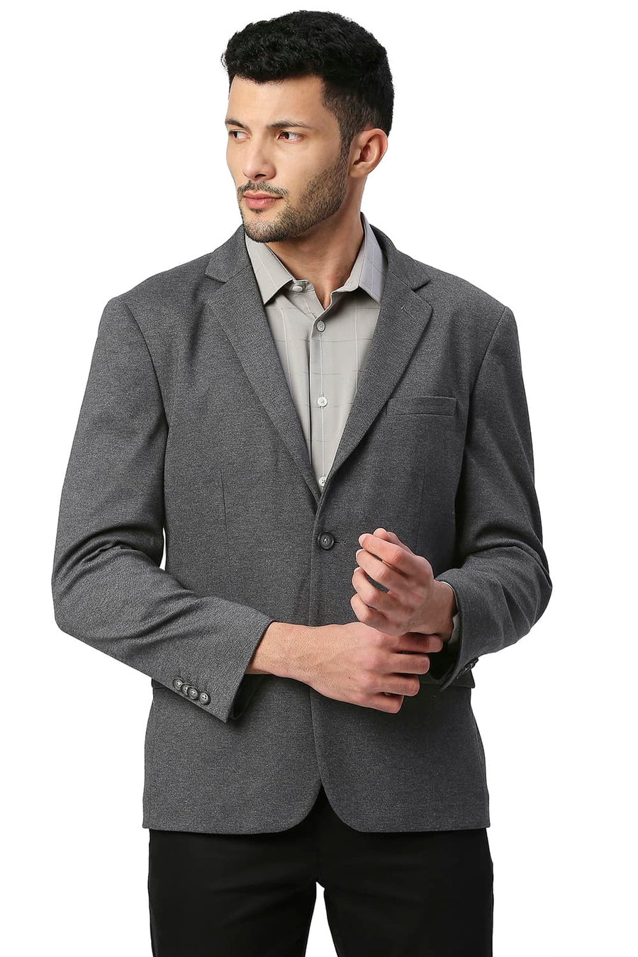 BASICS COMFORT FIT PEWTER POLY RAYON STRETCH KNIT BLAZERS