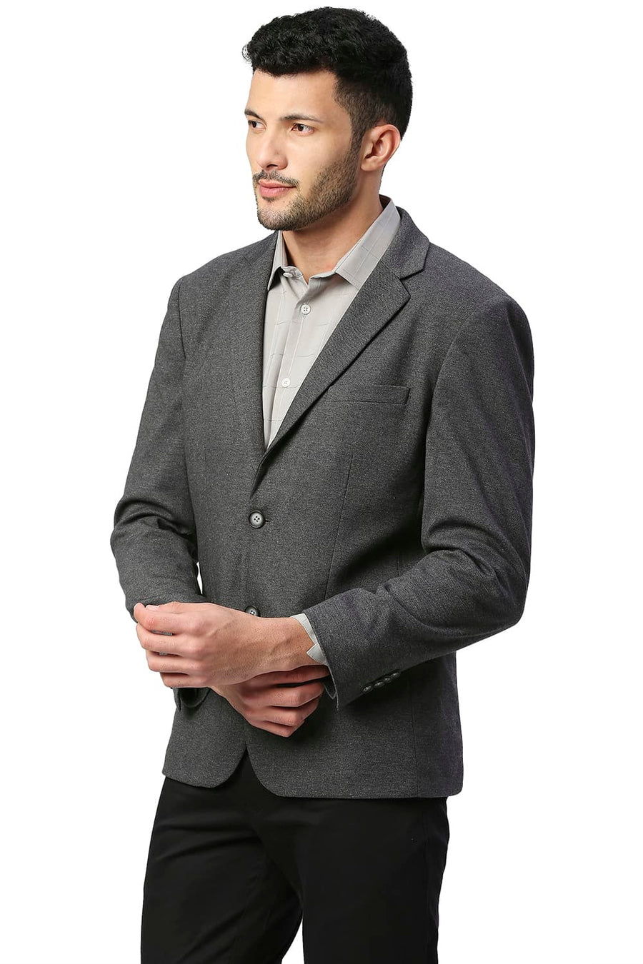 BASICS COMFORT FIT PEWTER POLY RAYON STRETCH KNIT BLAZERS