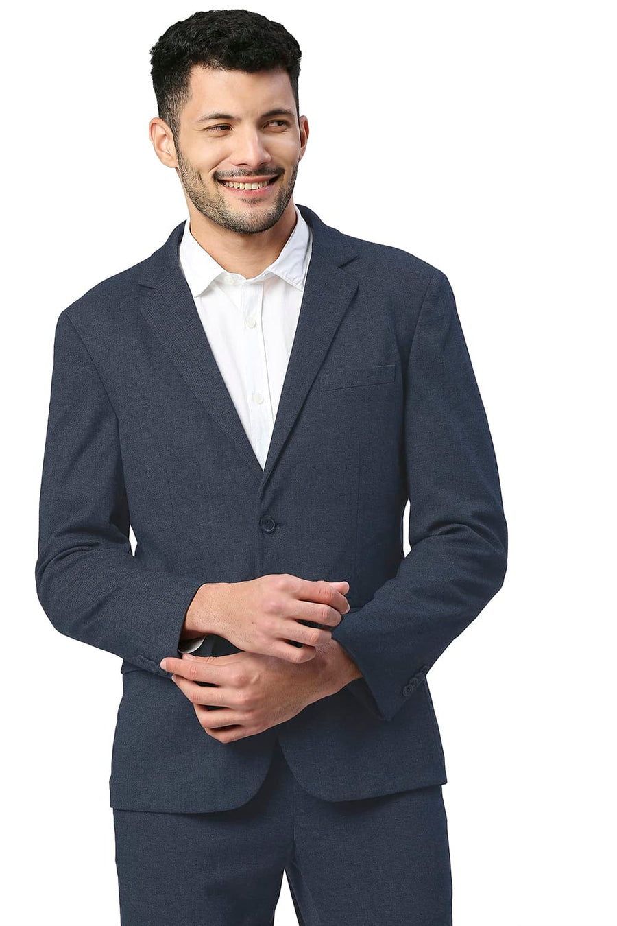 BASICS COMFORT FIT BLUE NIGHT POLY RAYON STRETCH KNIT BLAZERS