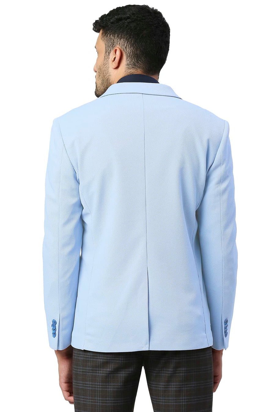 BASICS COMFORT FIT CERULEAN POLYESTER STRETCH KNIT BLAZERS