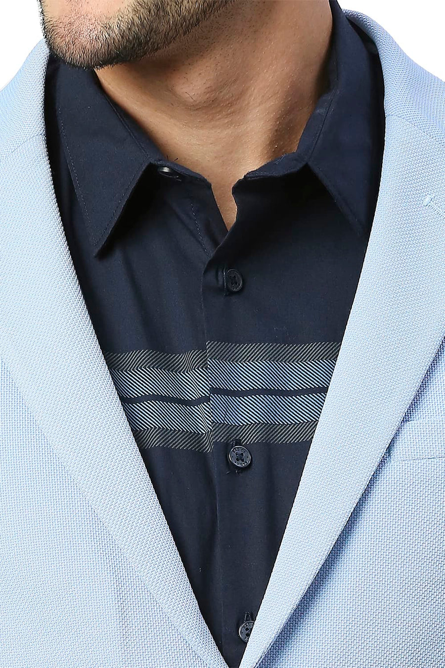 BASICS COMFORT FIT CERULEAN POLYESTER STRETCH KNIT BLAZERS