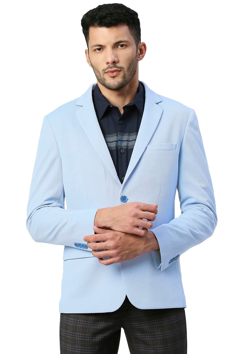 BASICS COMFORT FIT CERULEAN POLYESTER STRETCH KNIT BLAZERS