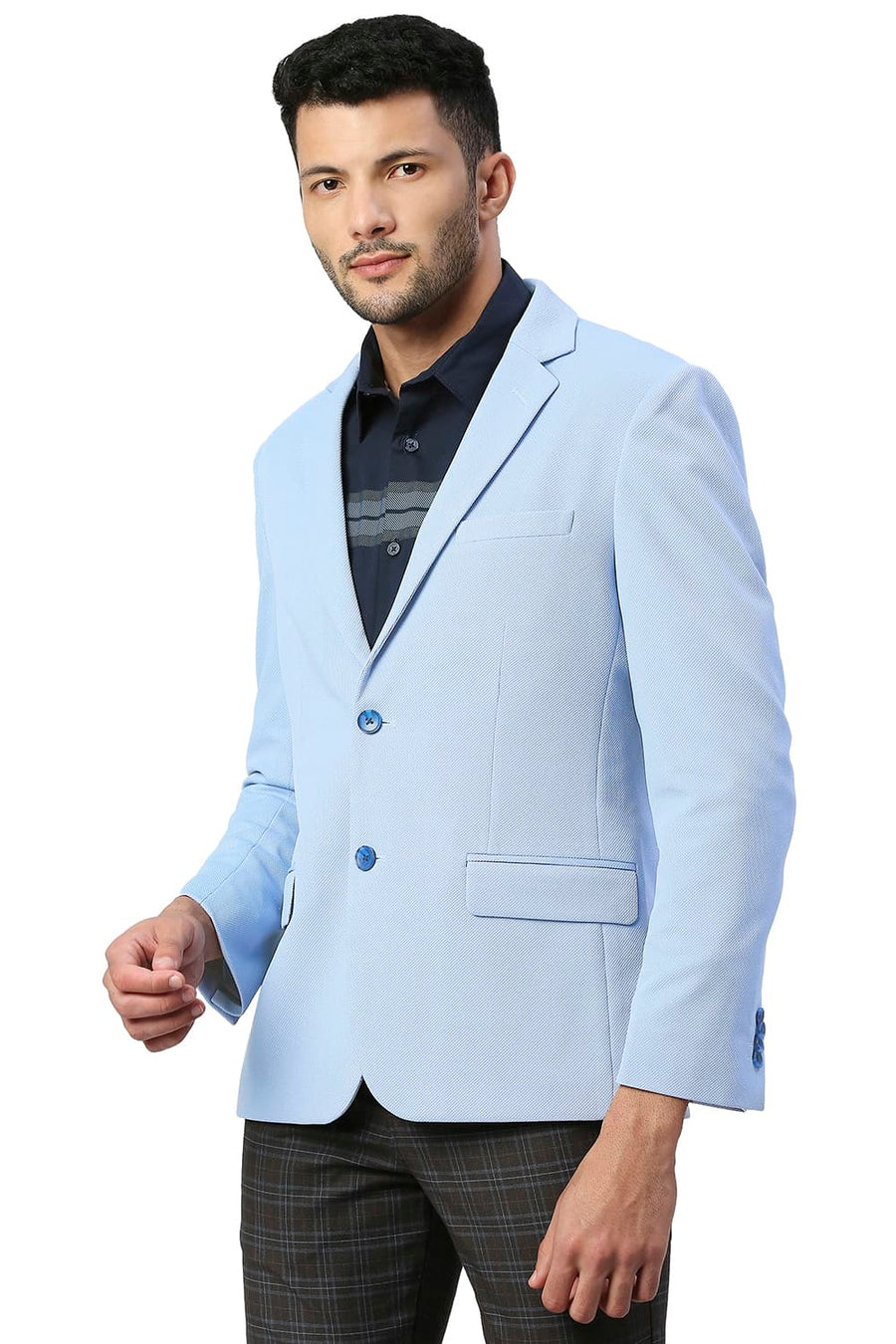 BASICS COMFORT FIT CERULEAN POLYESTER STRETCH KNIT BLAZERS