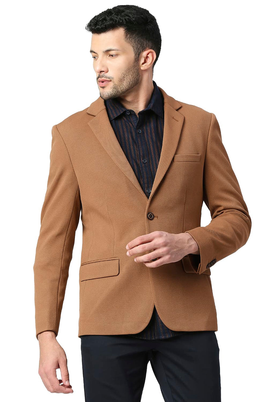 BASICS COMFORT FIT BRAN POLYESTER STRETCH KNIT BLAZERS
