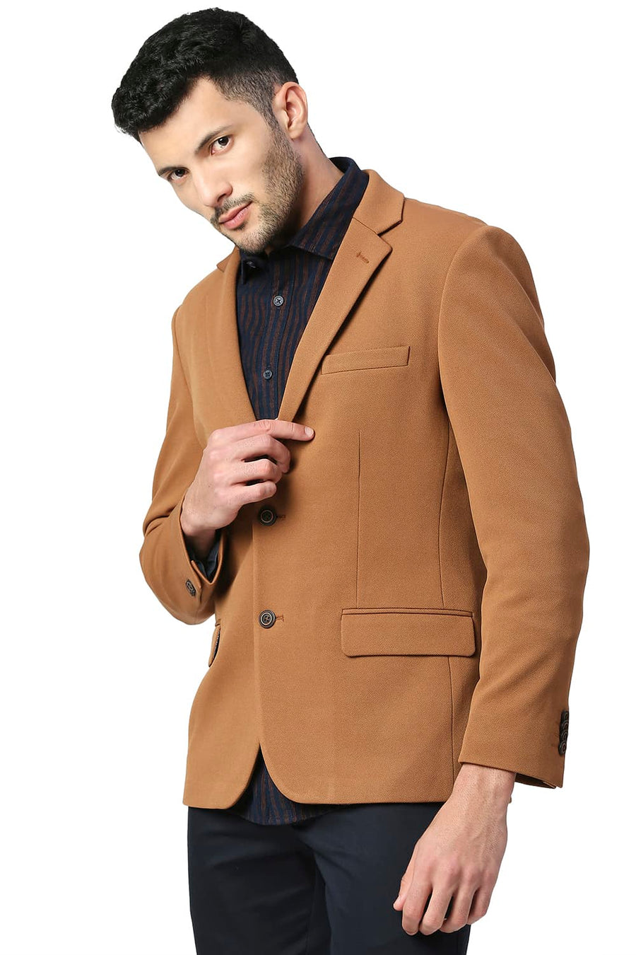BASICS COMFORT FIT BRAN POLYESTER STRETCH KNIT BLAZERS