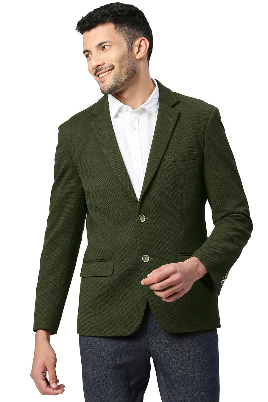 BASICS COMFORT FIT TARMAC POLYESTER STRETCH KNIT BLAZERS