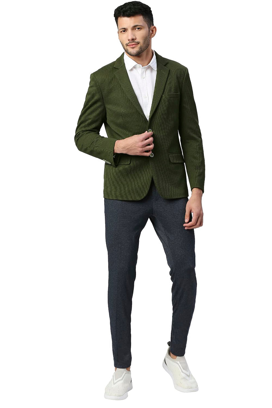 BASICS COMFORT FIT TARMAC POLYESTER STRETCH KNIT BLAZERS