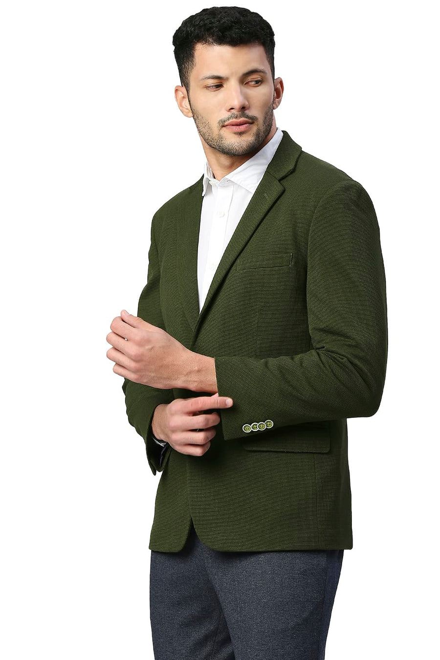 BASICS COMFORT FIT TARMAC POLYESTER STRETCH KNIT BLAZERS