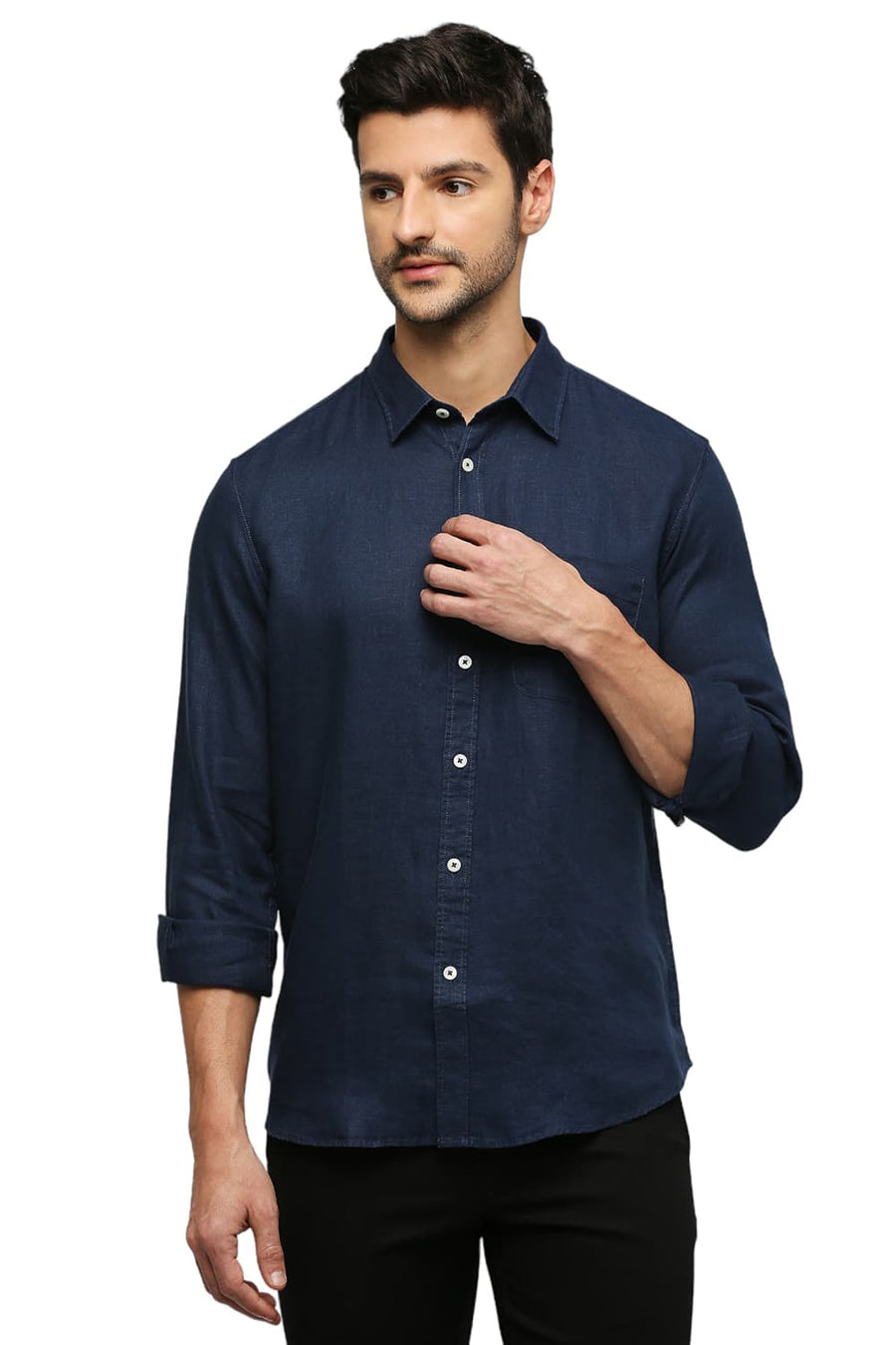 BASICS SLIM FIT NAVY INSIGNIA LINEN SHIRT