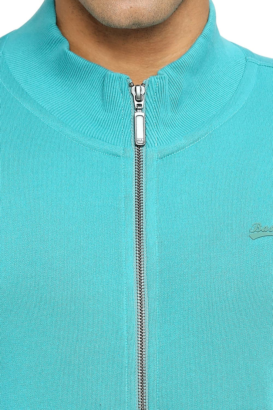 BASICS COMFORT FIT SEA GREEN COTTON NON BRUSHED FLEECE HIGH NECK JACKET