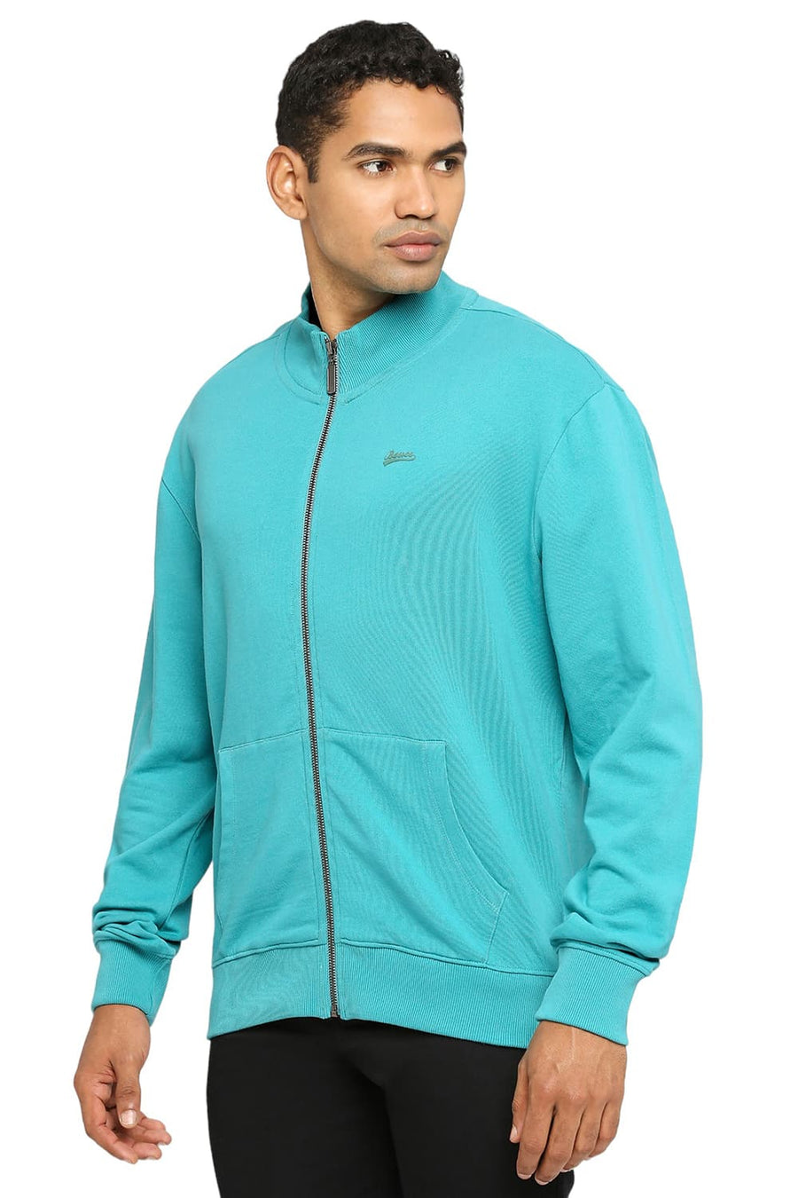 BASICS COMFORT FIT SEA GREEN COTTON NON BRUSHED FLEECE HIGH NECK JACKET