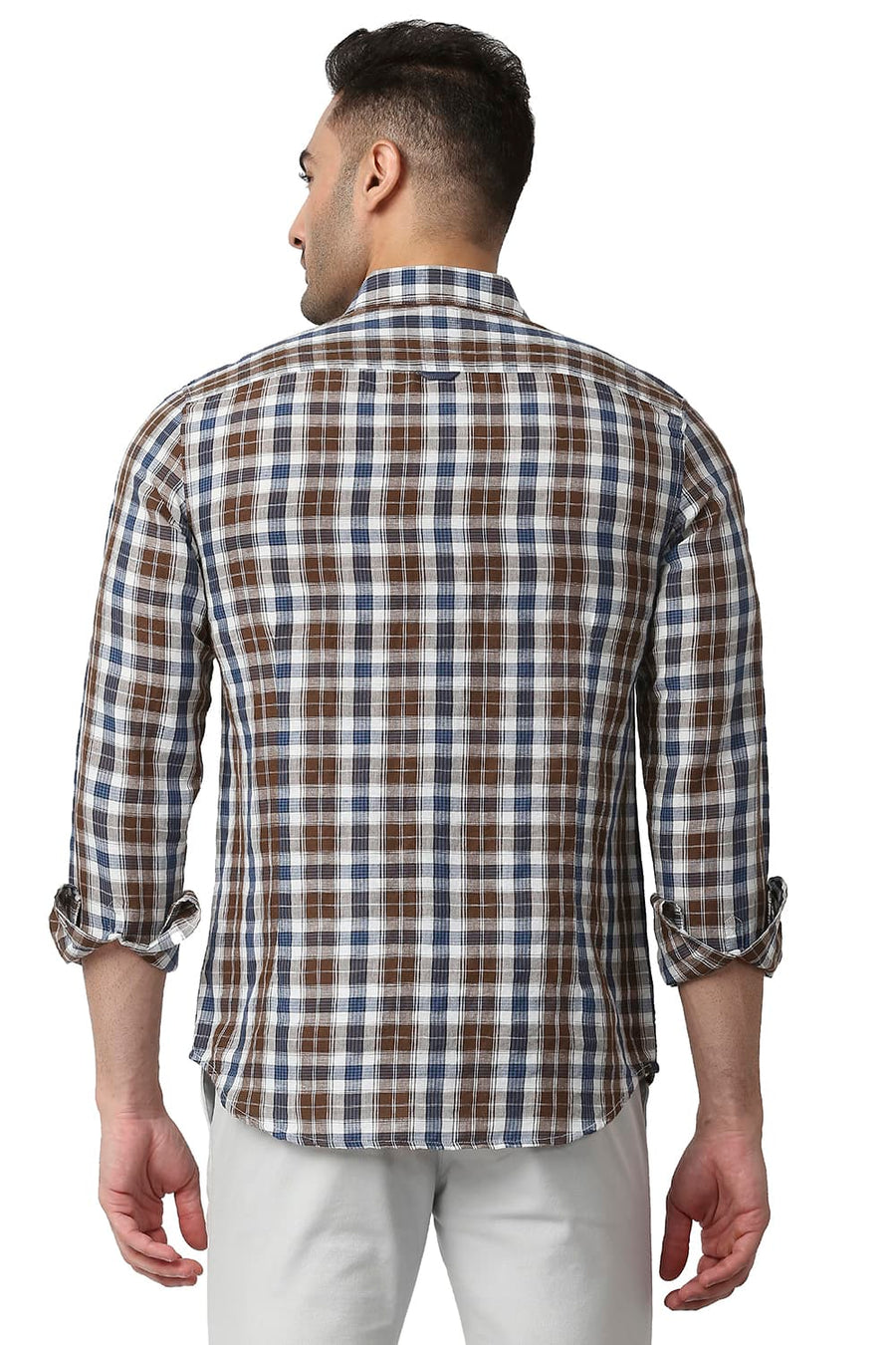 BASICS SLIM FIT TIRAMISU BROWN COTTON LINEN CHECKS SHIRT
