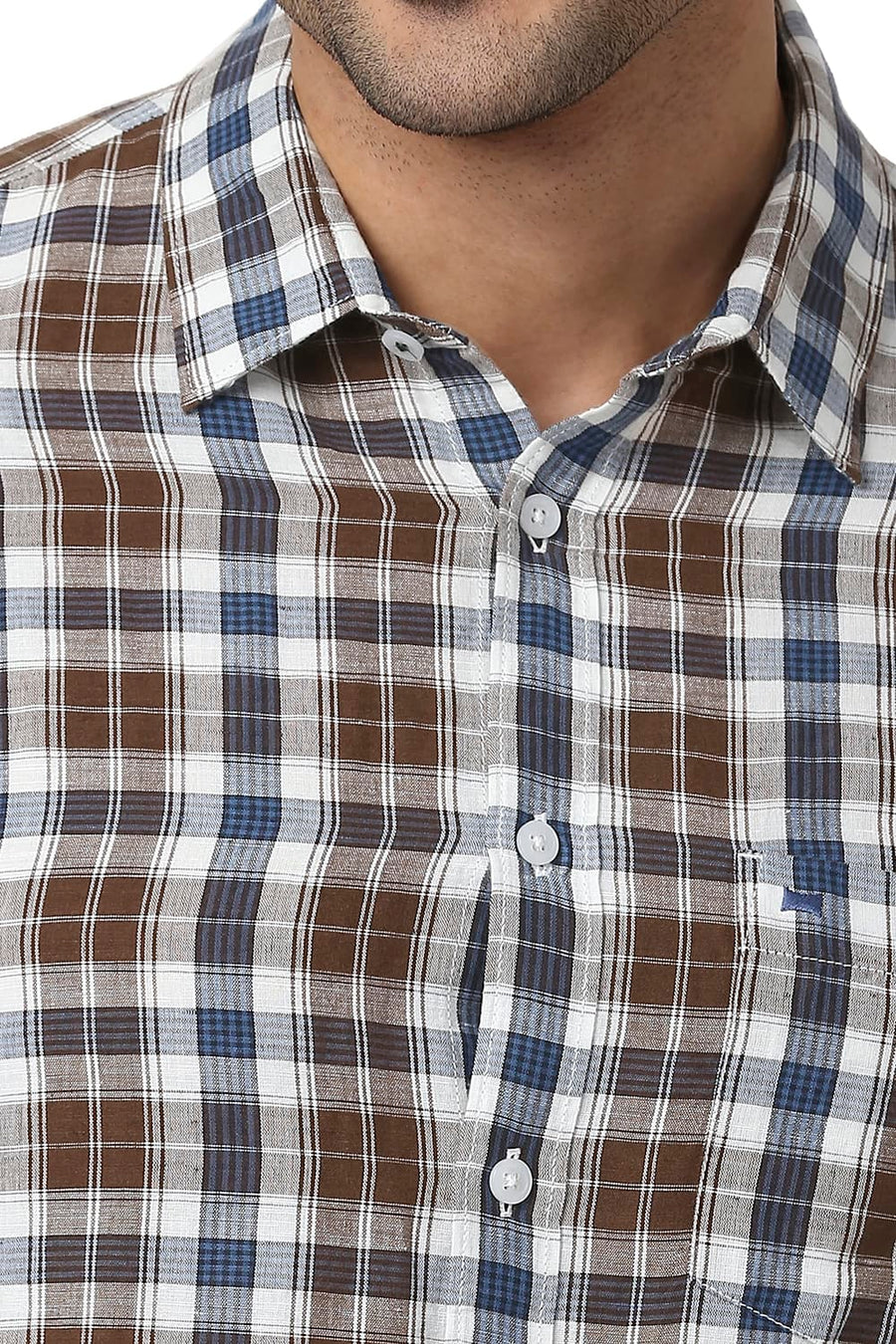 BASICS SLIM FIT TIRAMISU BROWN COTTON LINEN CHECKS SHIRT