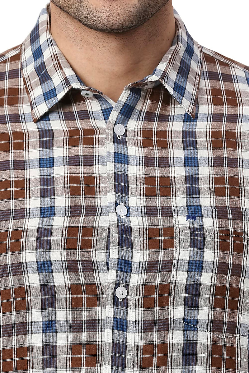 BASICS SLIM FIT COTTON LINEN CHECKS HALFSLEEVES SHIRT