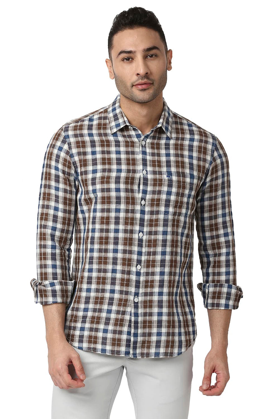 BASICS SLIM FIT TIRAMISU BROWN COTTON LINEN CHECKS SHIRT