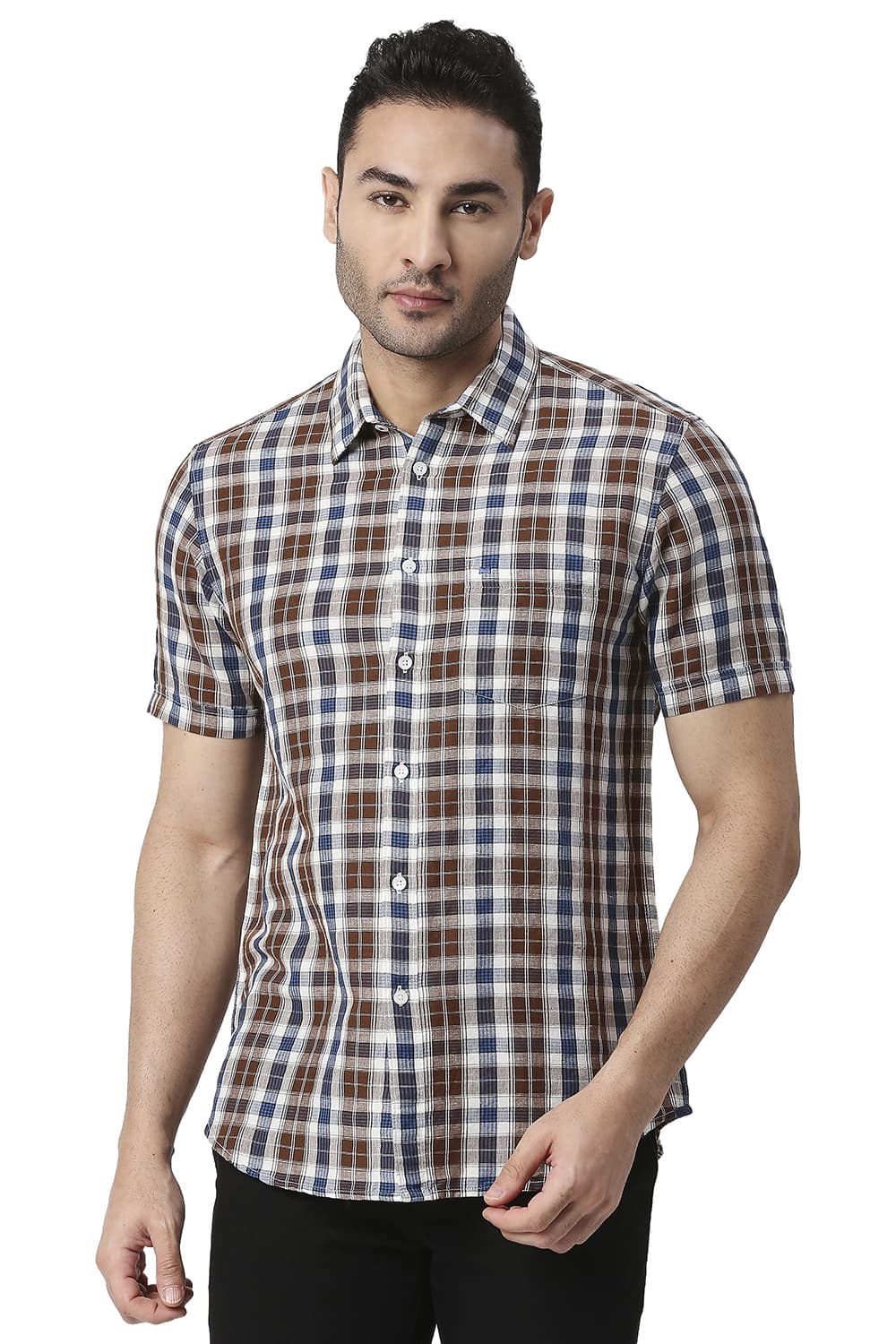 BASICS SLIM FIT COTTON LINEN CHECKS SHIRT