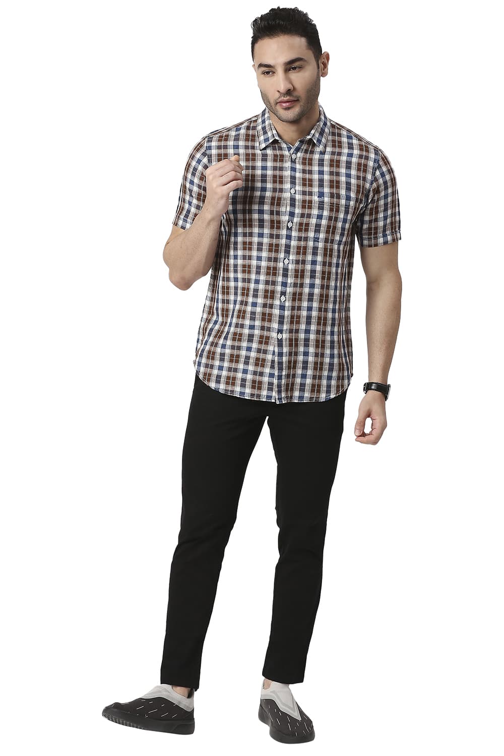 BASICS SLIM FIT COTTON LINEN CHECKS HALFSLEEVES SHIRT