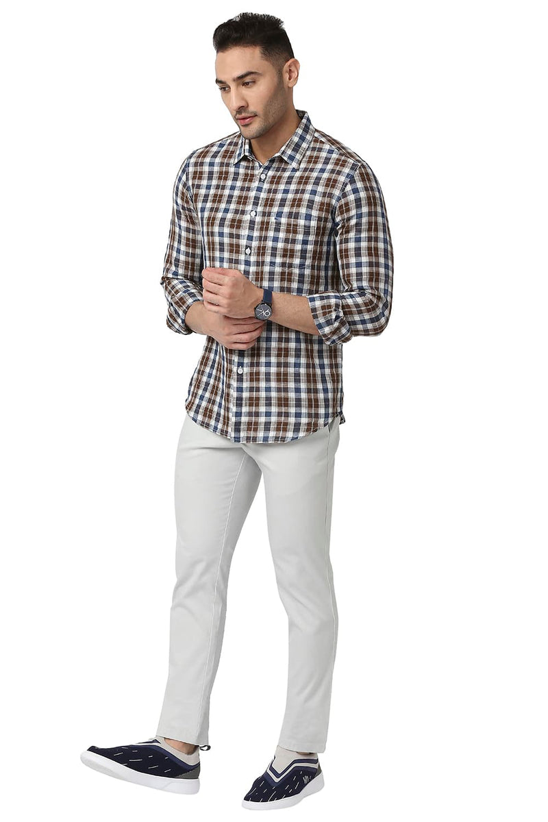 BASICS SLIM FIT COTTON LINEN CHECKS SHIRT