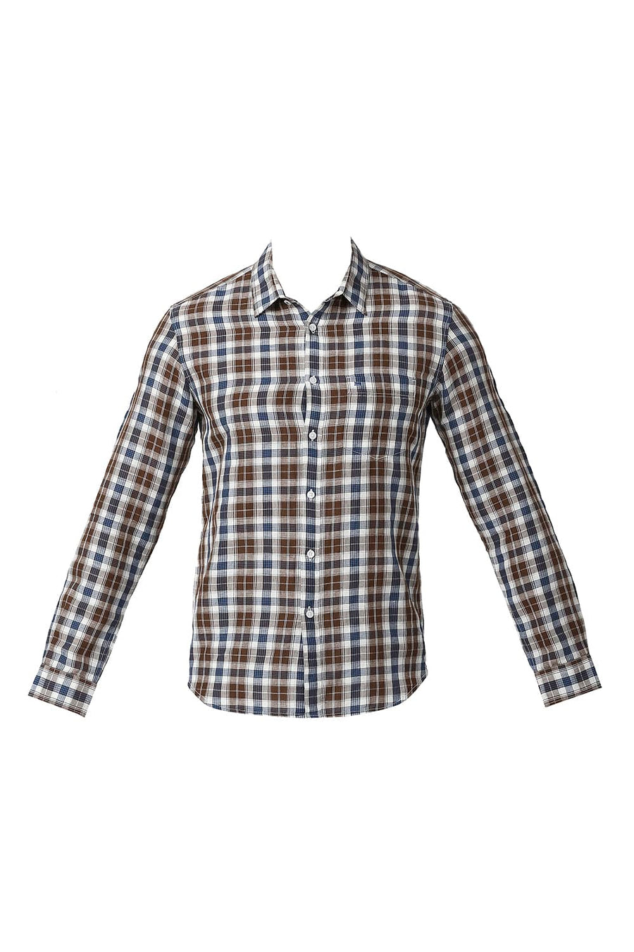 BASICS SLIM FIT TIRAMISU BROWN COTTON LINEN CHECKS SHIRT