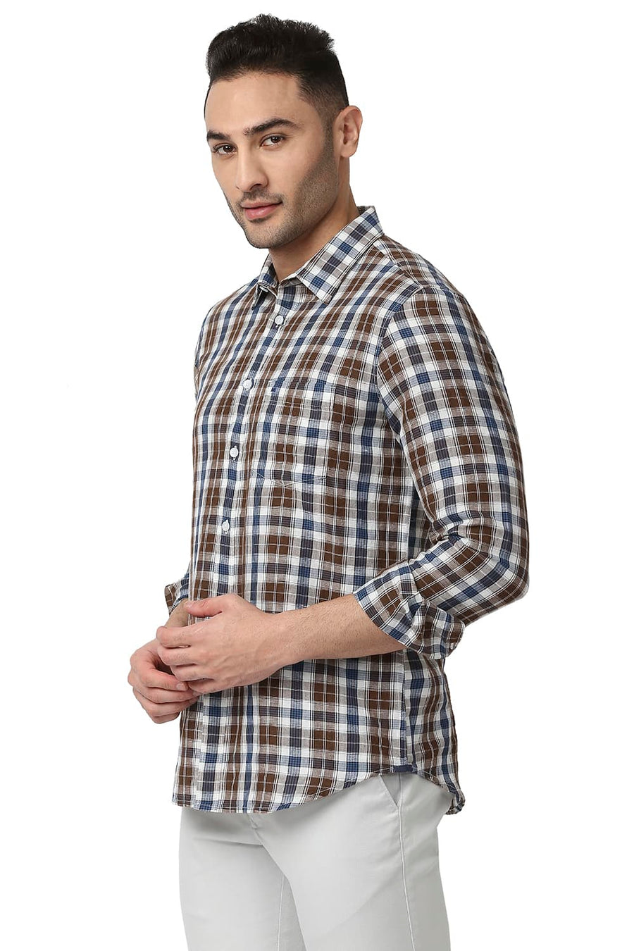 BASICS SLIM FIT TIRAMISU BROWN COTTON LINEN CHECKS SHIRT