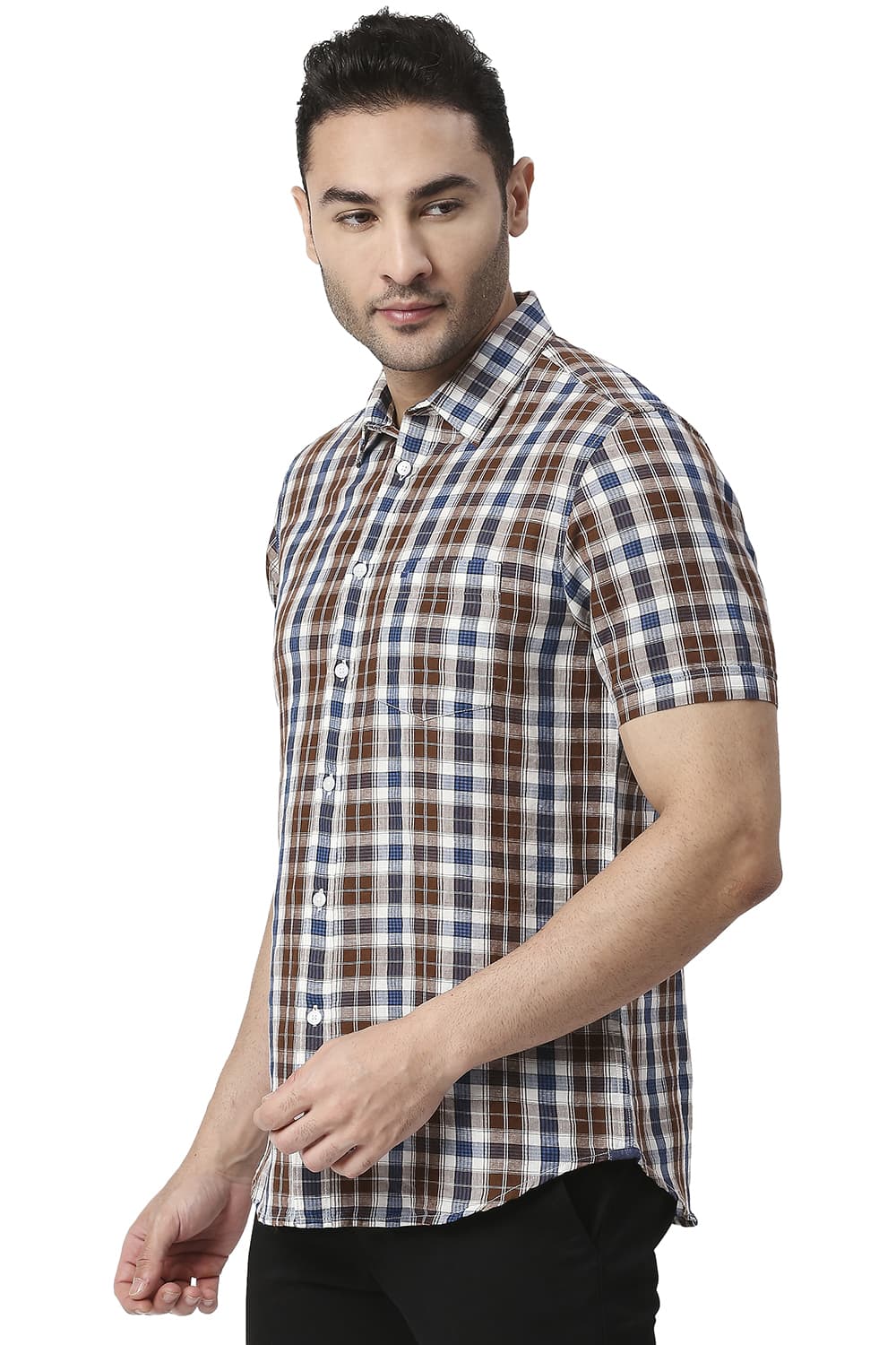 BASICS SLIM FIT COTTON LINEN CHECKS HALFSLEEVES SHIRT