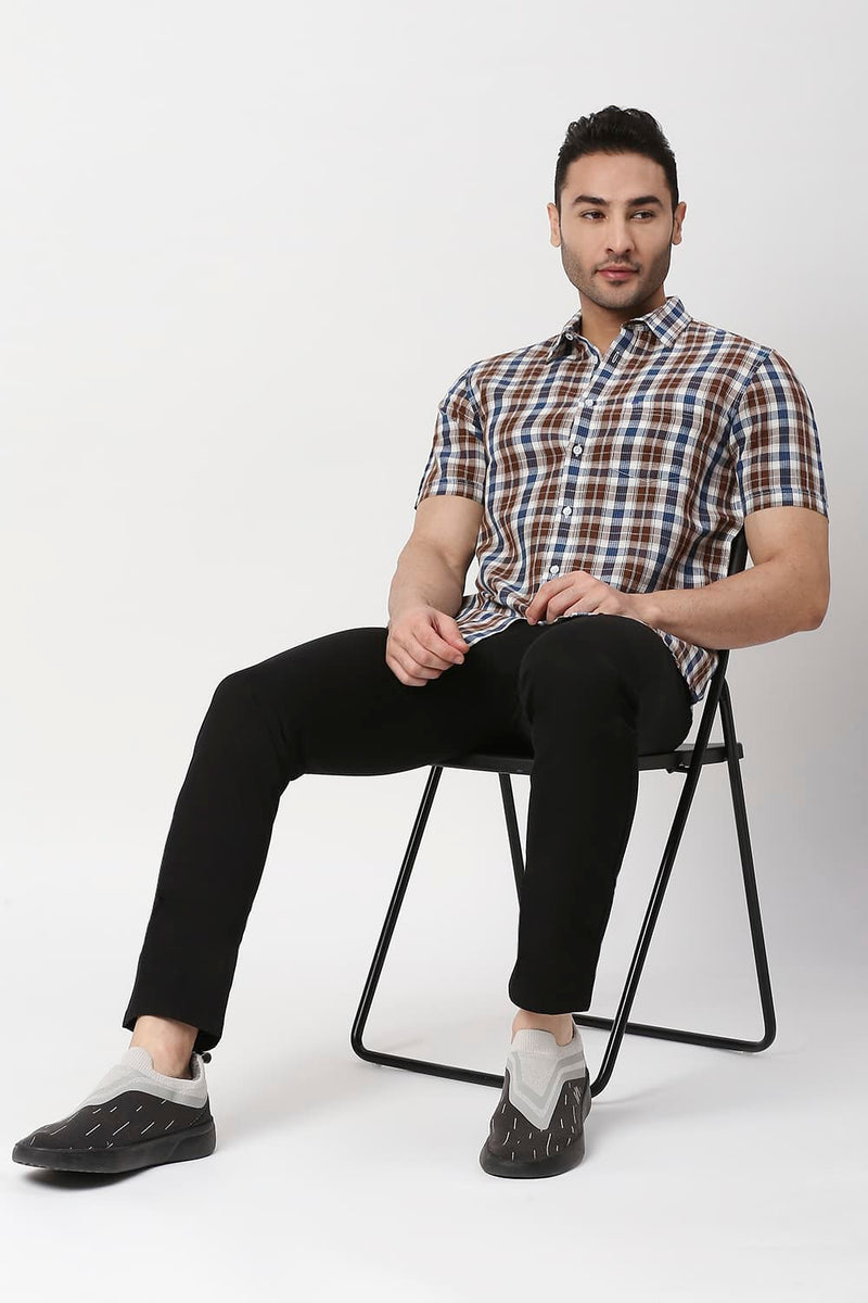 Slim Fit Cotton Linen Checks Halfsleeves Shirt