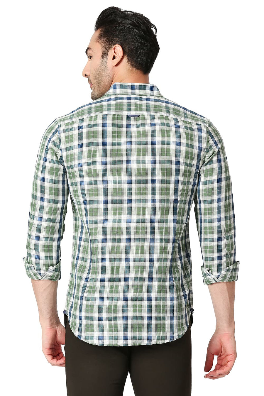 BASICS SLIM FIT MYRTLE GREEN COTTON LINEN CHECKS SHIRT
