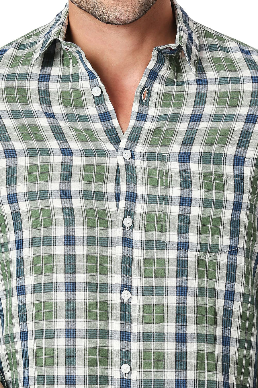 BASICS SLIM FIT MYRTLE GREEN COTTON LINEN CHECKS SHIRT