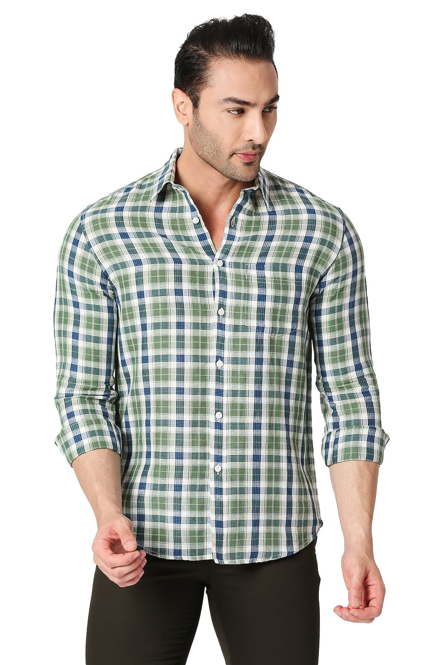 BASICS SLIM FIT MYRTLE GREEN COTTON LINEN CHECKS SHIRT