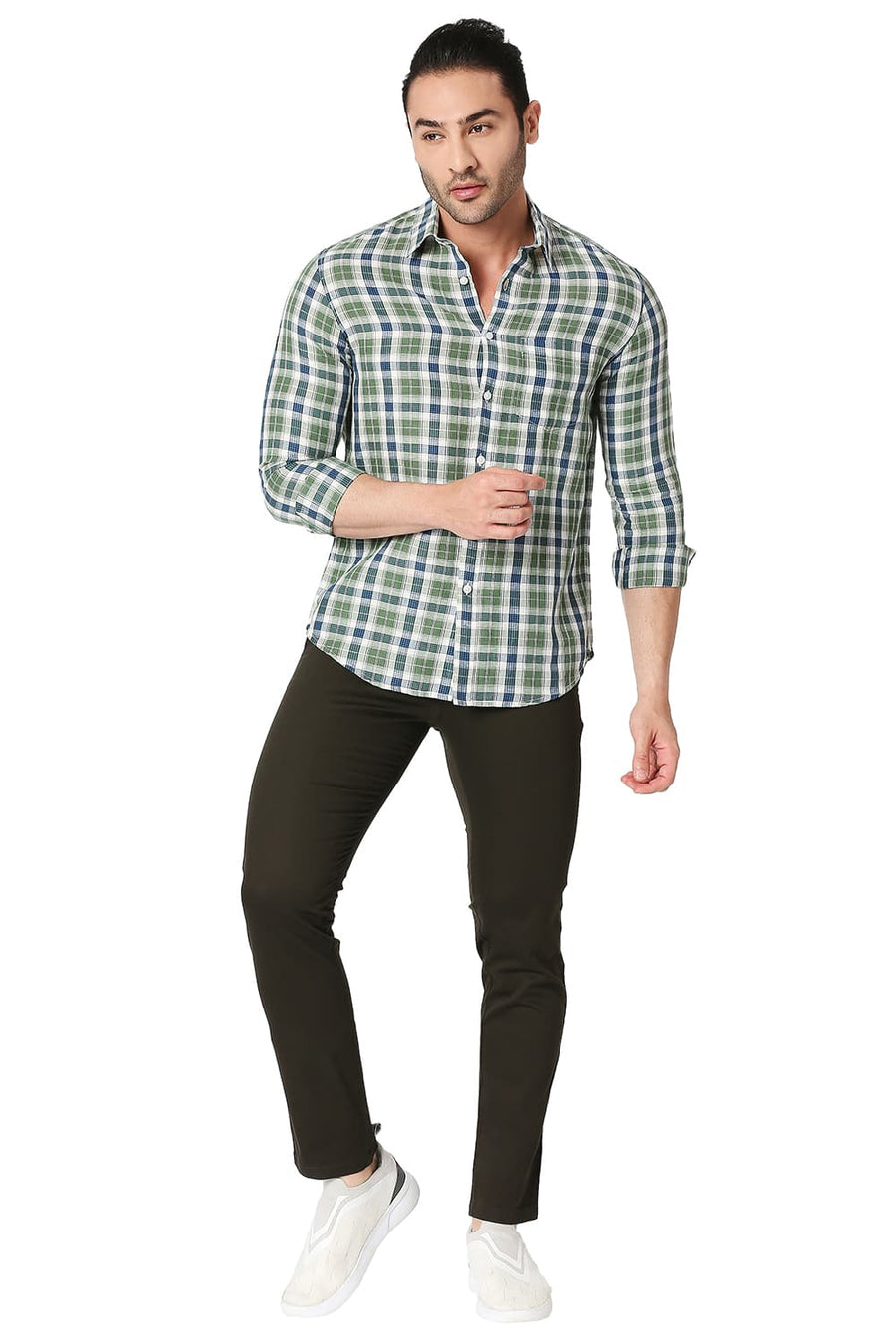 BASICS SLIM FIT MYRTLE GREEN COTTON LINEN CHECKS SHIRT
