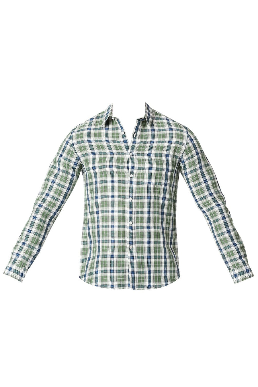 BASICS SLIM FIT MYRTLE GREEN COTTON LINEN CHECKS SHIRT
