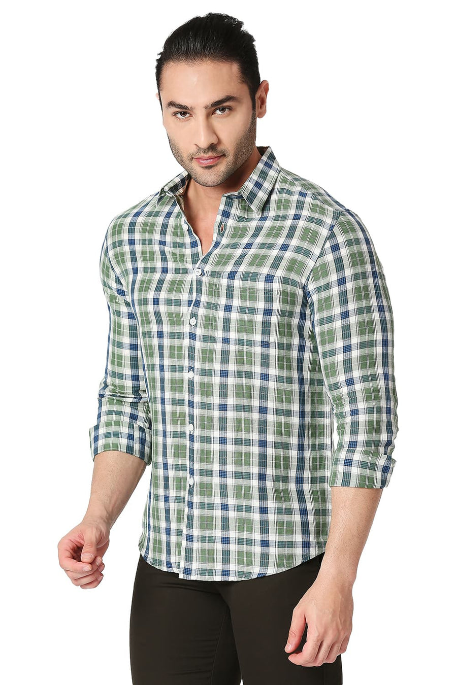 BASICS SLIM FIT MYRTLE GREEN COTTON LINEN CHECKS SHIRT